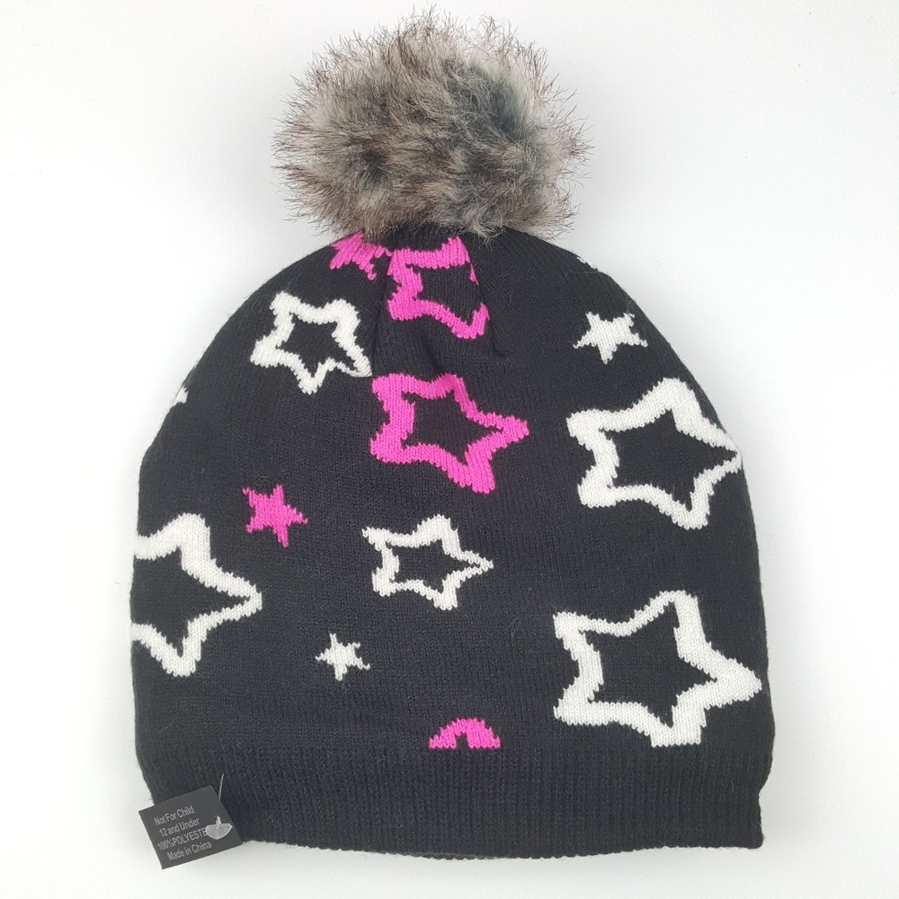 Black Pink Stars Faux Wool Lined Beanie